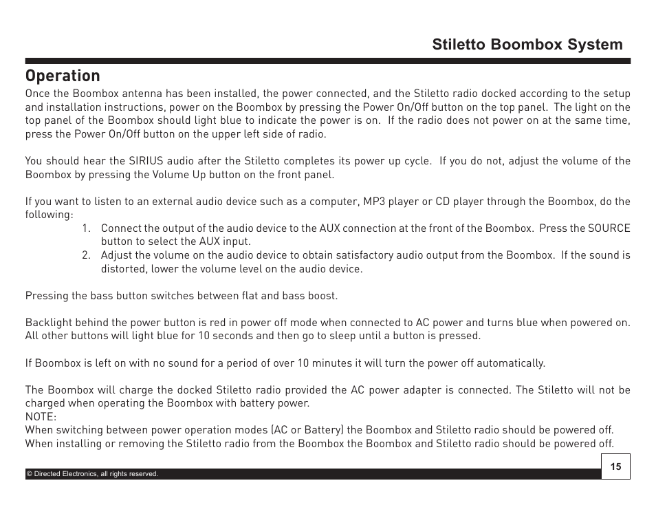 Desktop docking station, Operation, Stiletto boombox system | Sirius Satellite Radio SIRIUS STILETTO SL-BB1 User Manual | Page 15 / 20