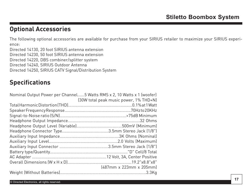 Desktop docking station, Optional accessories, Specifications | Stiletto boombox system | Sirius Satellite Radio SIRIUS STILETTO SL-BB1 User Manual | Page 17 / 20