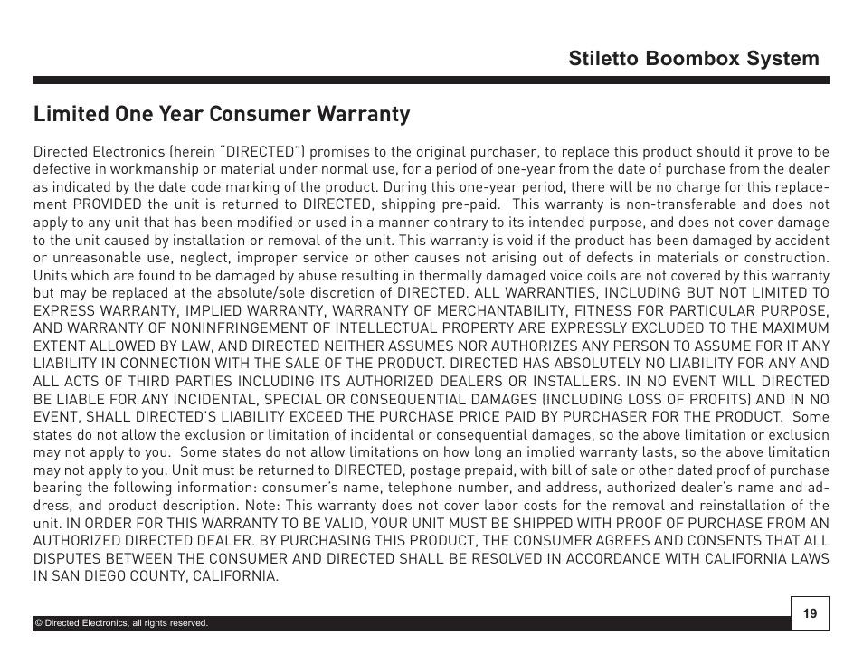 Desktop docking station, Limited one year consumer warranty, Stiletto boombox system | Sirius Satellite Radio SIRIUS STILETTO SL-BB1 User Manual | Page 19 / 20