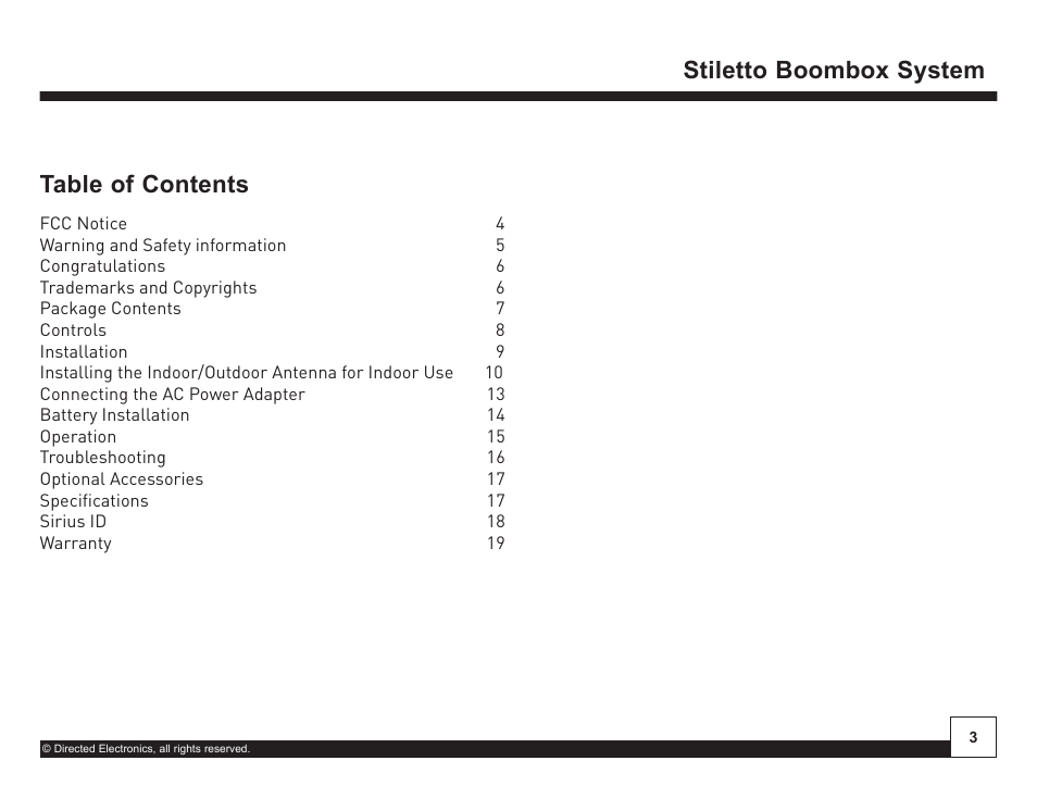 Desktop docking station, Stiletto boombox system table of contents | Sirius Satellite Radio SIRIUS STILETTO SL-BB1 User Manual | Page 3 / 20