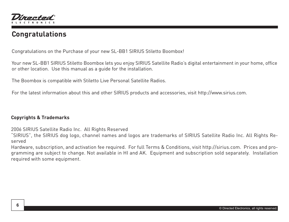 Sirius Satellite Radio SIRIUS STILETTO SL-BB1 User Manual | Page 6 / 20