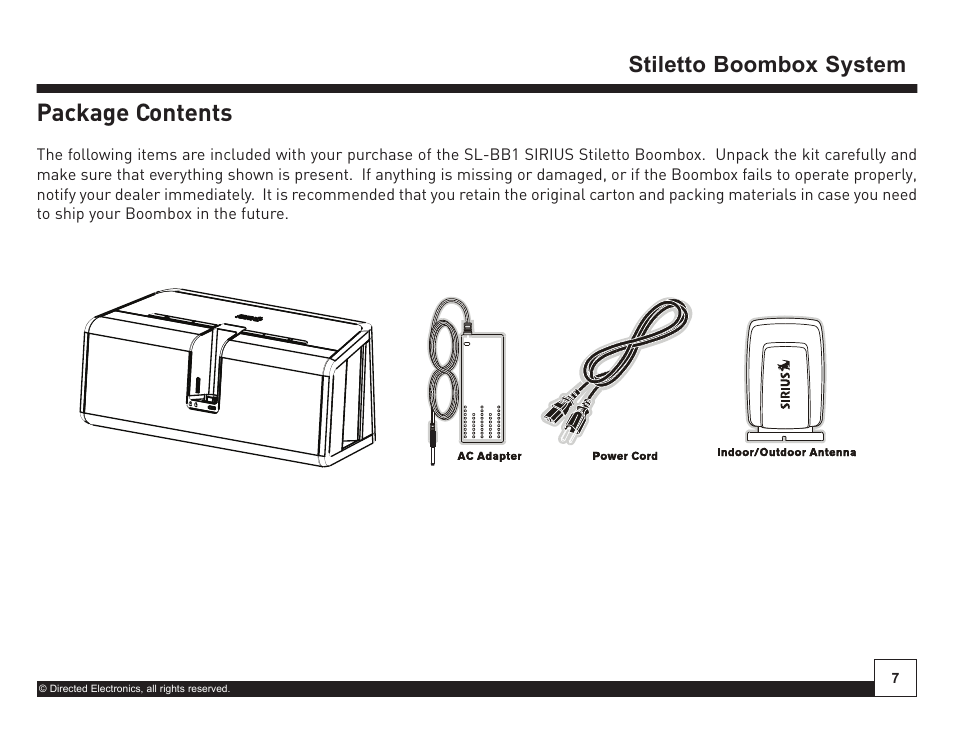 Desktop docking station, Package contents, Antenna aiming | Satellite terrestrial | Sirius Satellite Radio SIRIUS STILETTO SL-BB1 User Manual | Page 7 / 20