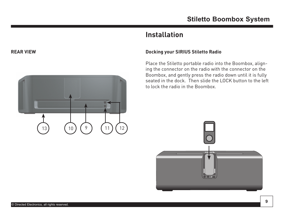 Desktop docking station, Installation, Stiletto boombox system | Sirius Satellite Radio SIRIUS STILETTO SL-BB1 User Manual | Page 9 / 20