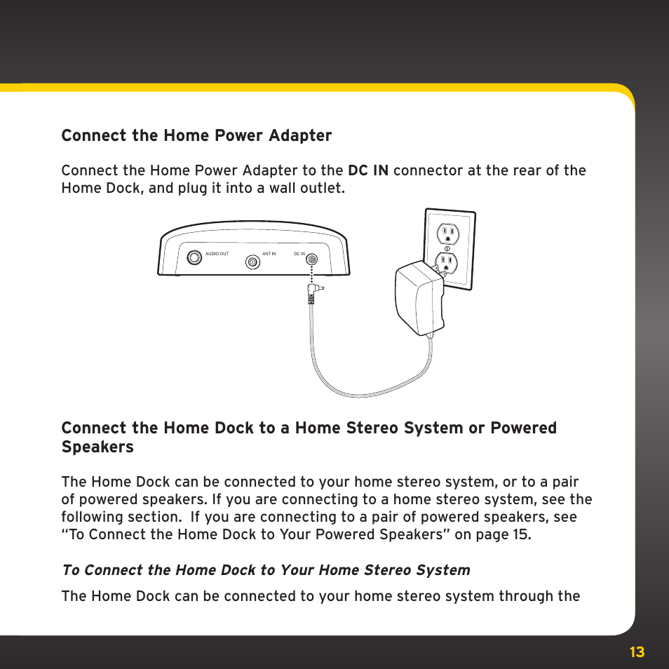 Connect the home power adapter | Sirius Satellite Radio XM Dock & Play XADH1 User Manual | Page 13 / 32