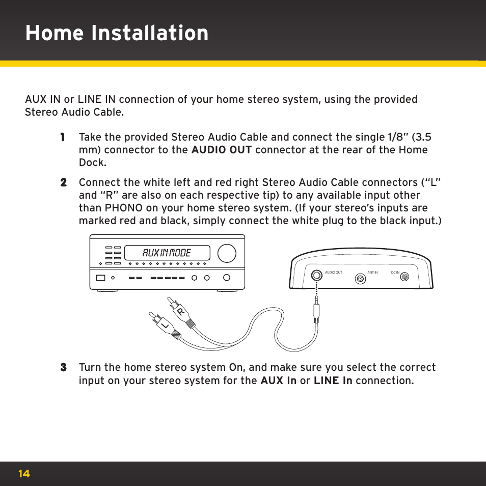 Home installation | Sirius Satellite Radio XM Dock & Play XADH1 User Manual | Page 14 / 32