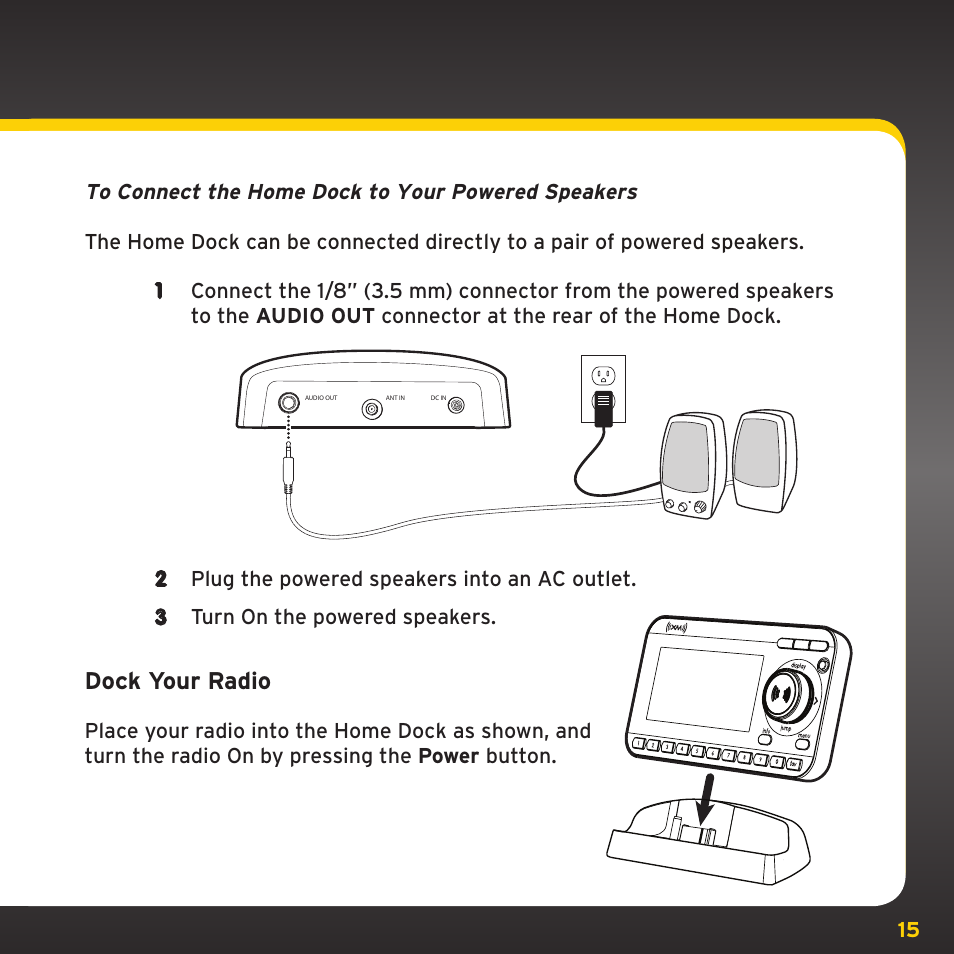 Dock your radio | Sirius Satellite Radio XM Dock & Play XADH1 User Manual | Page 15 / 32