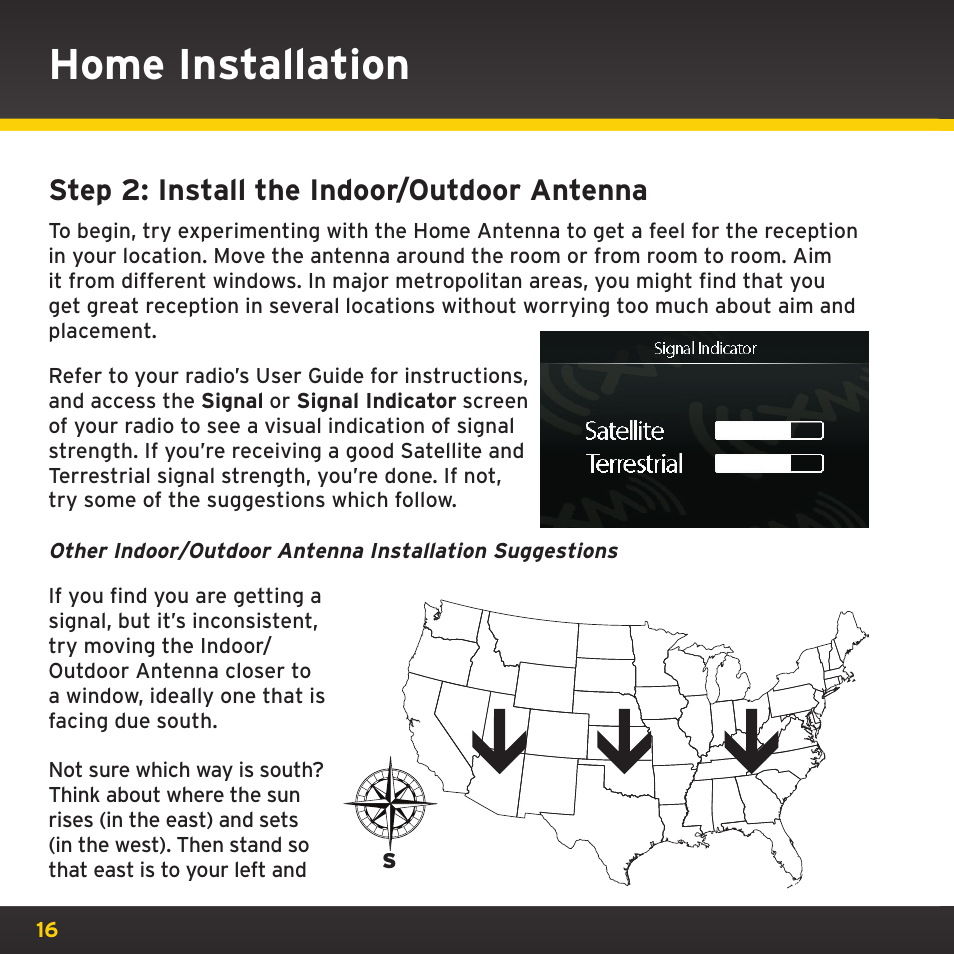 Home installation, Step 2: install the indoor/outdoor antenna | Sirius Satellite Radio XM Dock & Play XADH1 User Manual | Page 16 / 32