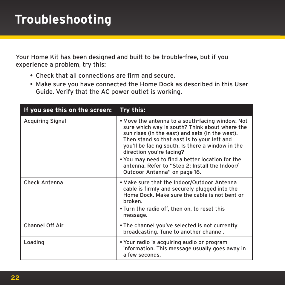 Troubleshooting | Sirius Satellite Radio XM Dock & Play XADH1 User Manual | Page 22 / 32