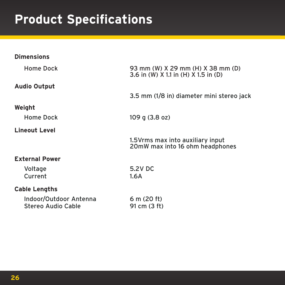 Product specifications | Sirius Satellite Radio XM Dock & Play XADH1 User Manual | Page 26 / 32