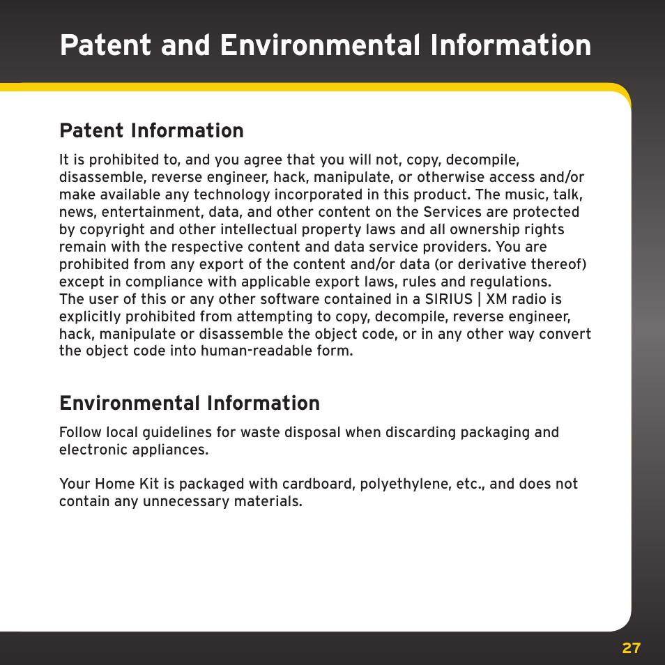 Patent and environmental information | Sirius Satellite Radio XM Dock & Play XADH1 User Manual | Page 27 / 32