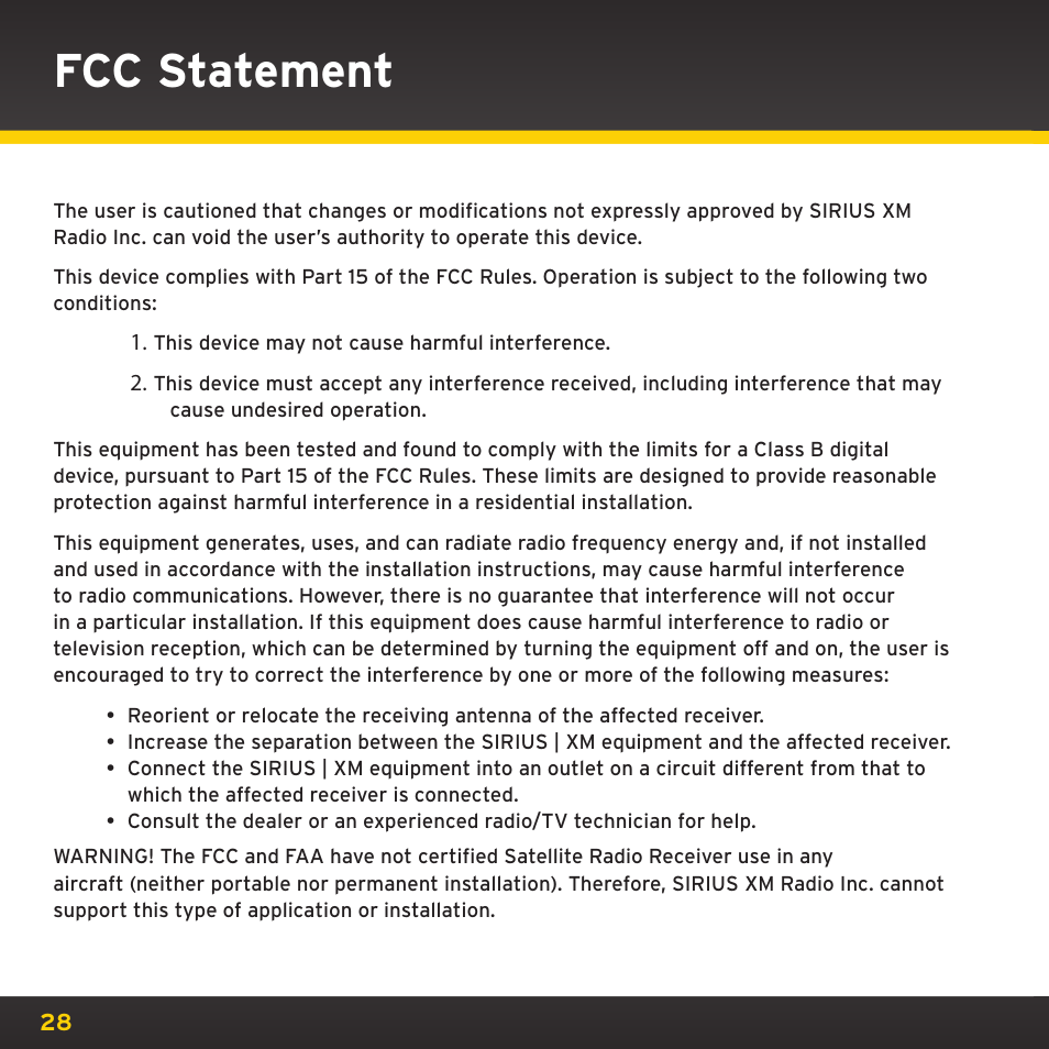 Fcc statement | Sirius Satellite Radio XM Dock & Play XADH1 User Manual | Page 28 / 32