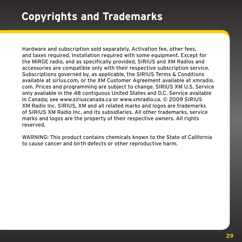 Copyrights and trademarks | Sirius Satellite Radio XM Dock & Play XADH1 User Manual | Page 29 / 32