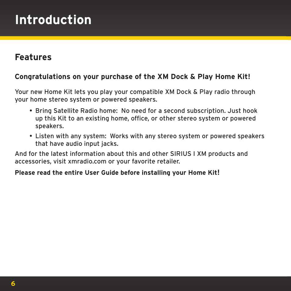 Introduction, Features | Sirius Satellite Radio XM Dock & Play XADH1 User Manual | Page 6 / 32