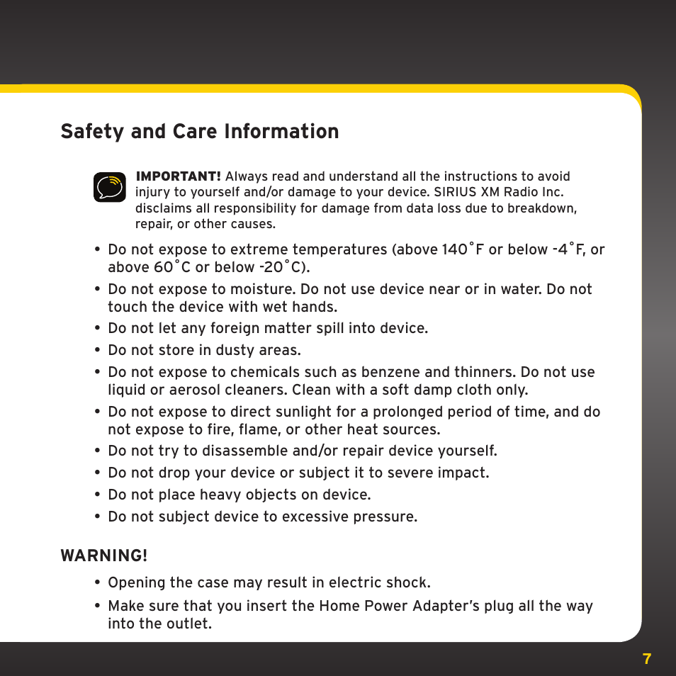 Safety and care information | Sirius Satellite Radio XM Dock & Play XADH1 User Manual | Page 7 / 32