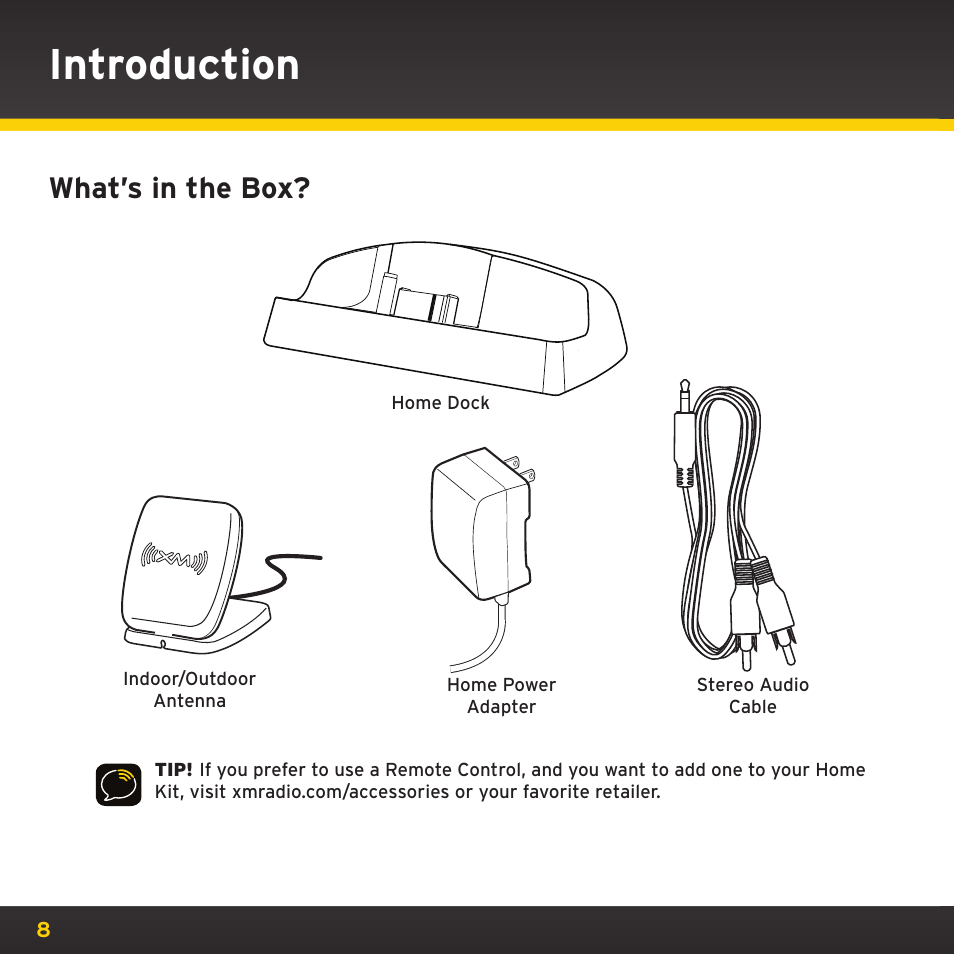 Introduction, What’s in the box | Sirius Satellite Radio XM Dock & Play XADH1 User Manual | Page 8 / 32