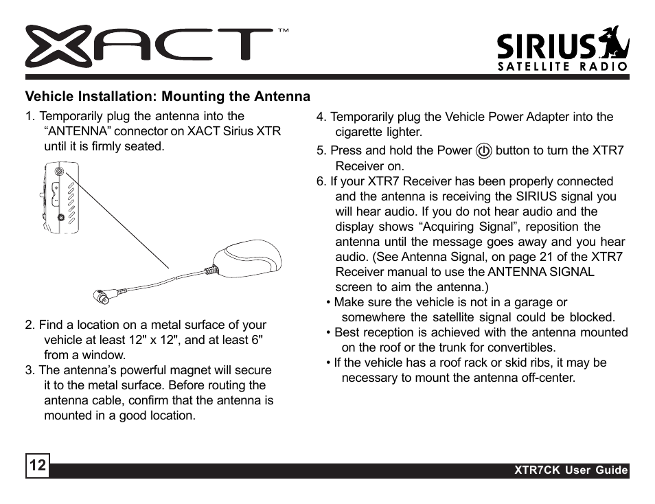 Sirius Satellite Radio XTR7CK User Manual | Page 12 / 36