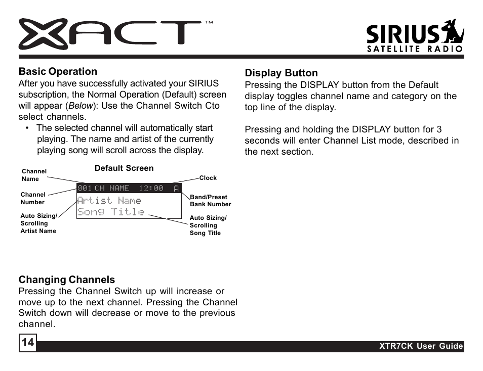 Changing channels, Basic operation, Display button | Sirius Satellite Radio XTR7CK User Manual | Page 14 / 36