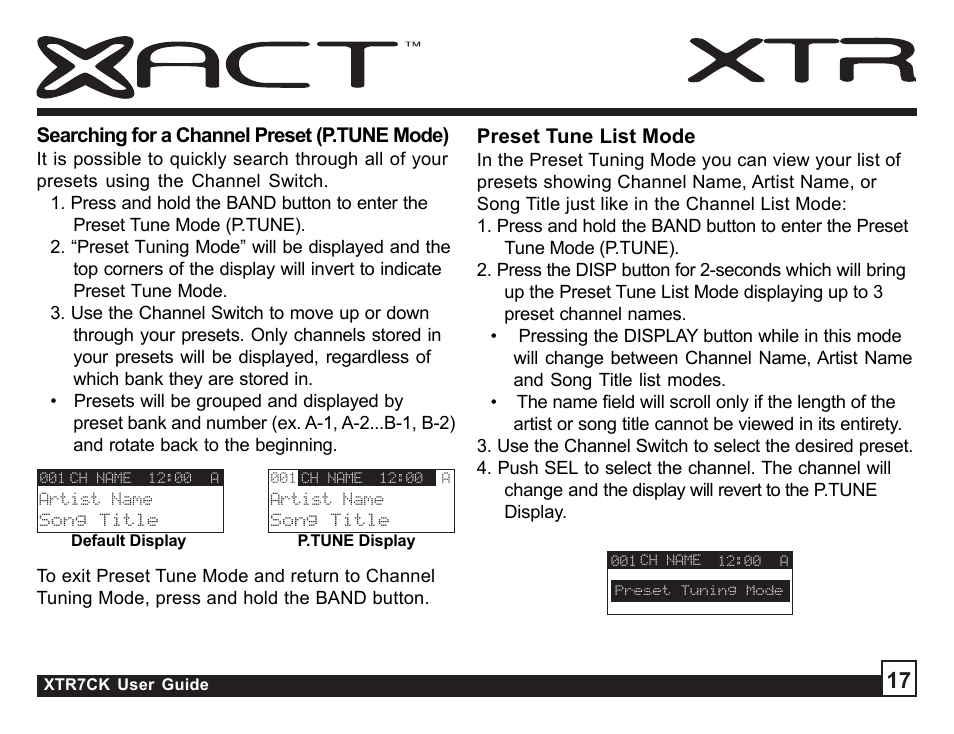 Searching for a channel preset (p.tune mode), Preset tune list mode | Sirius Satellite Radio XTR7CK User Manual | Page 17 / 36