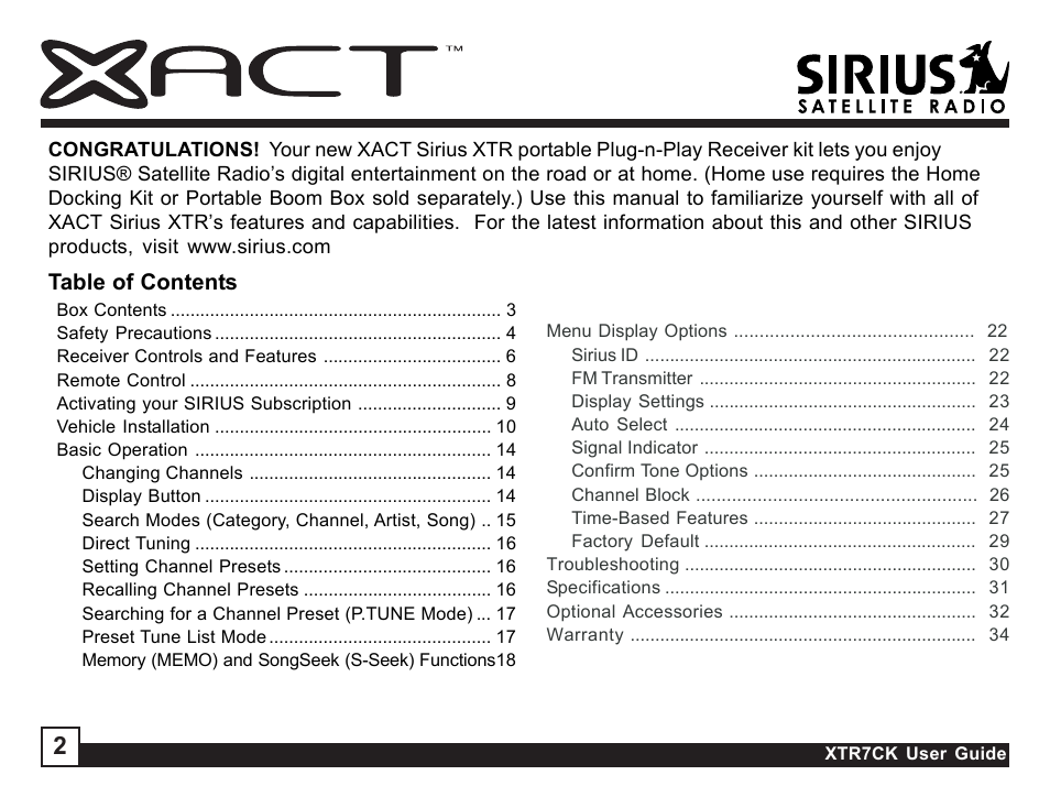 Sirius Satellite Radio XTR7CK User Manual | Page 2 / 36