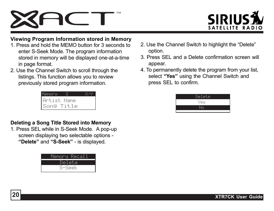 Sirius Satellite Radio XTR7CK User Manual | Page 20 / 36