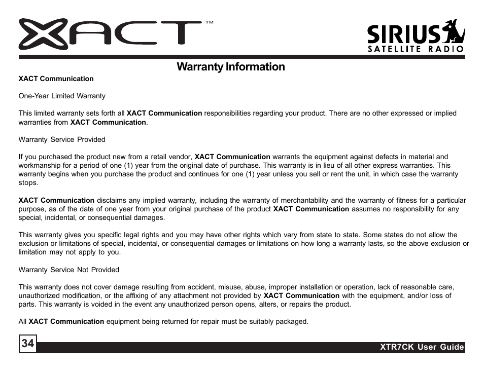 34 warranty information | Sirius Satellite Radio XTR7CK User Manual | Page 34 / 36