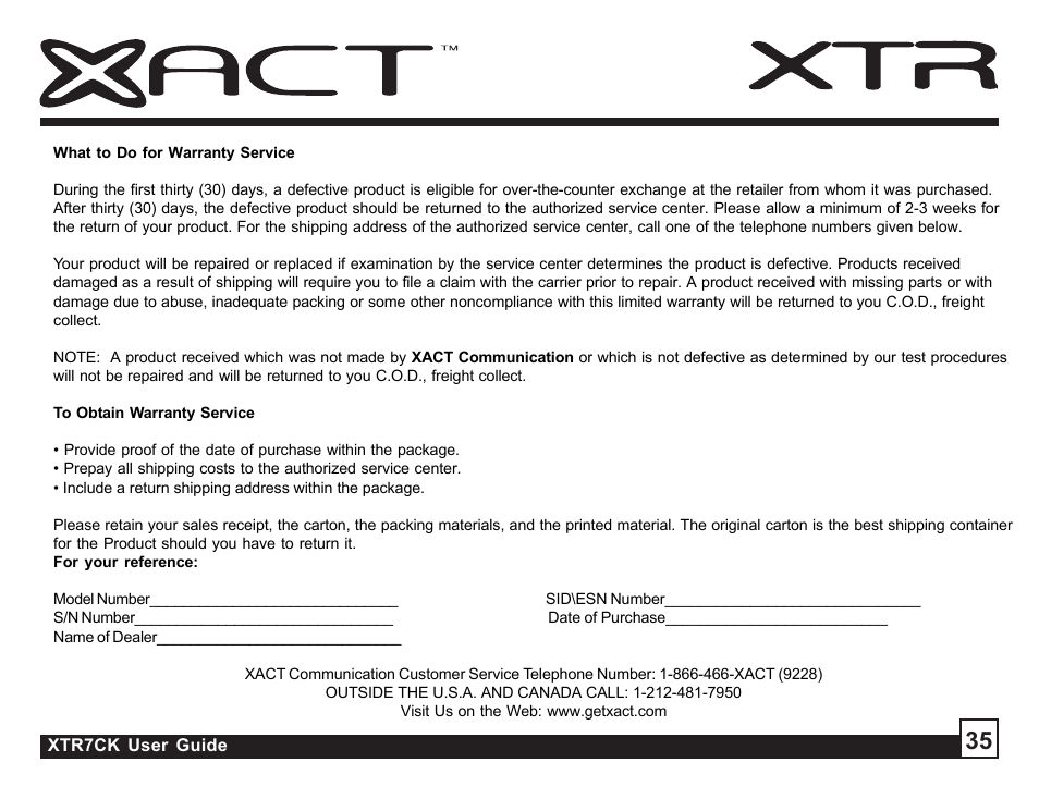 Sirius Satellite Radio XTR7CK User Manual | Page 35 / 36