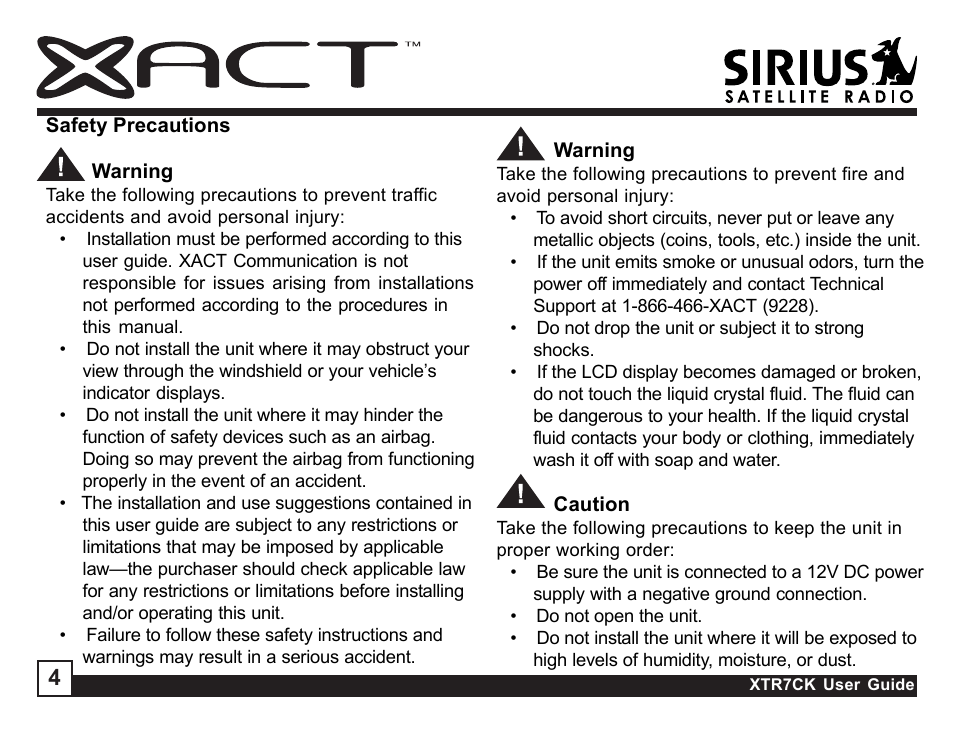 Sirius Satellite Radio XTR7CK User Manual | Page 4 / 36