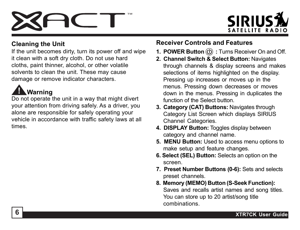 Sirius Satellite Radio XTR7CK User Manual | Page 6 / 36