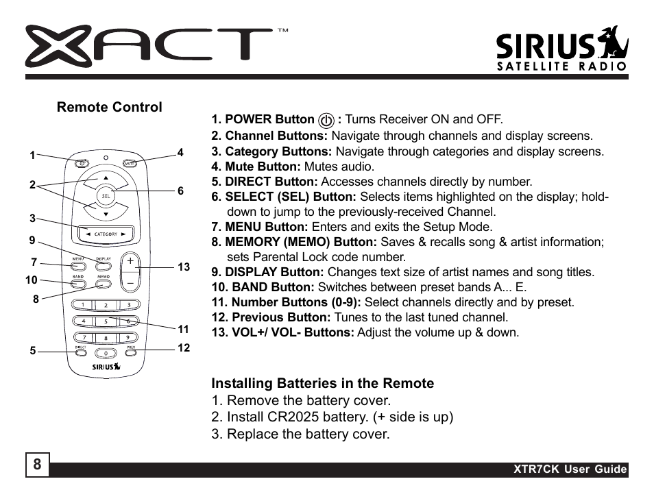 Sirius Satellite Radio XTR7CK User Manual | Page 8 / 36