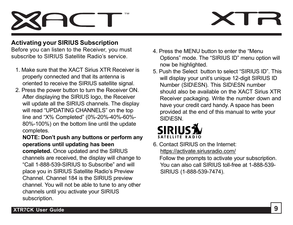 Sirius Satellite Radio XTR7CK User Manual | Page 9 / 36