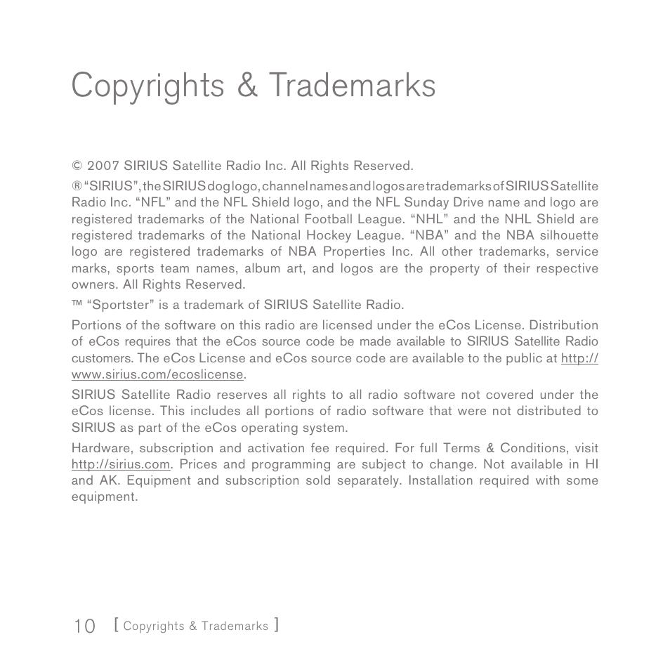 Copyrights & trademarks | Sirius Satellite Radio SPORTSTER 5 User Manual | Page 10 / 124
