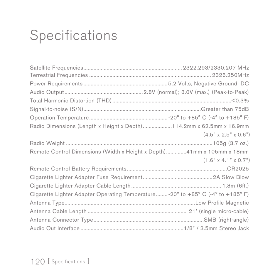 Specifications | Sirius Satellite Radio SPORTSTER 5 User Manual | Page 120 / 124