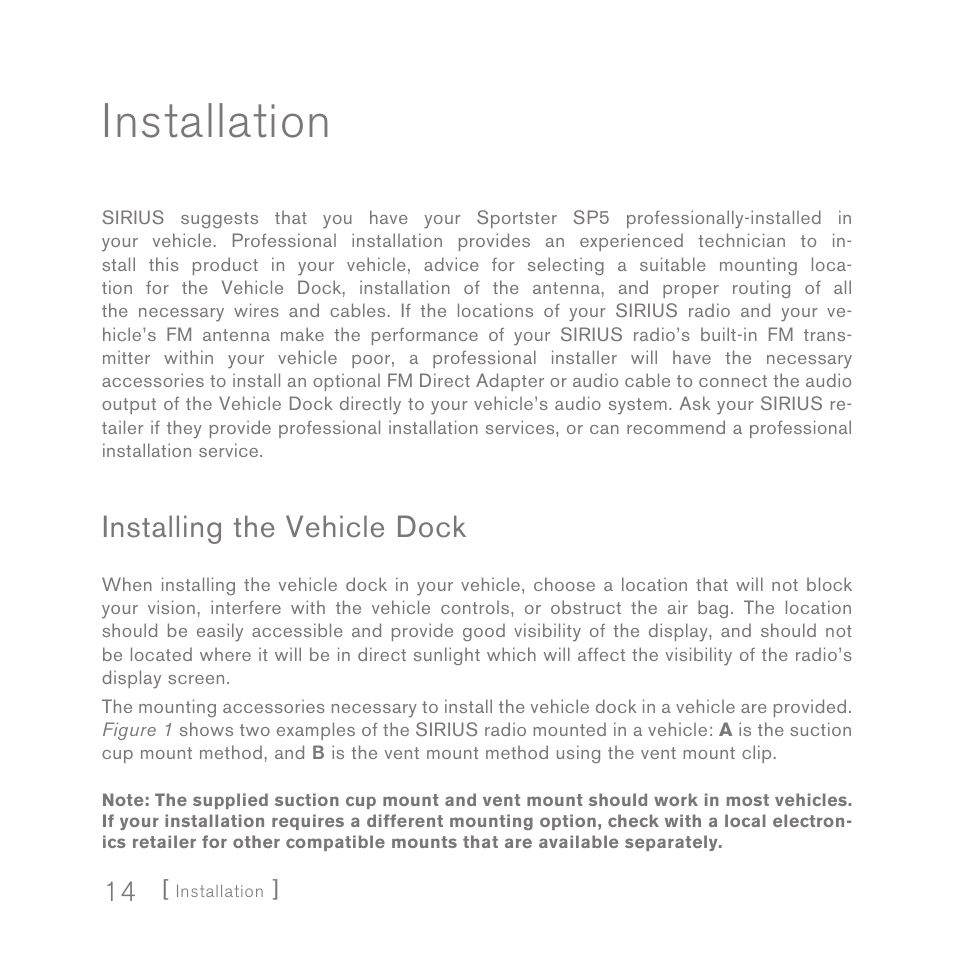 Installation, Installing the vehicle dock | Sirius Satellite Radio SPORTSTER 5 User Manual | Page 14 / 124