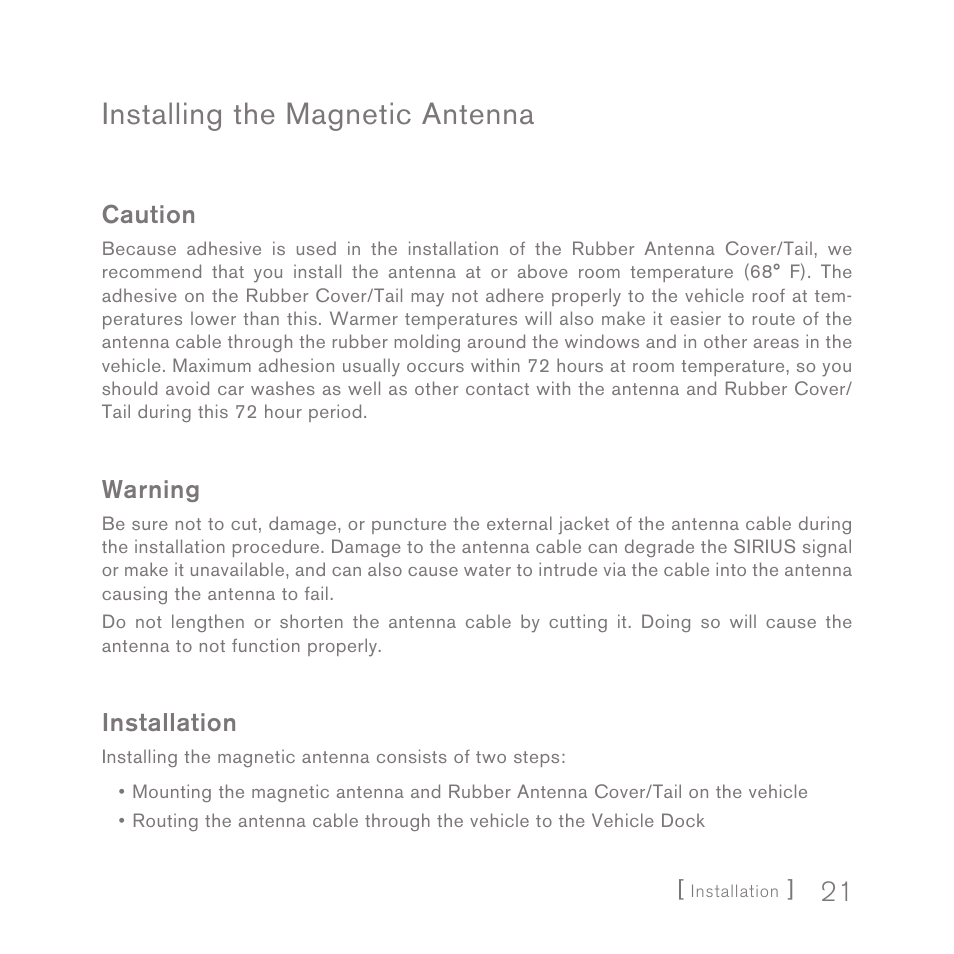 Installing the magnetic antenna | Sirius Satellite Radio SPORTSTER 5 User Manual | Page 21 / 124