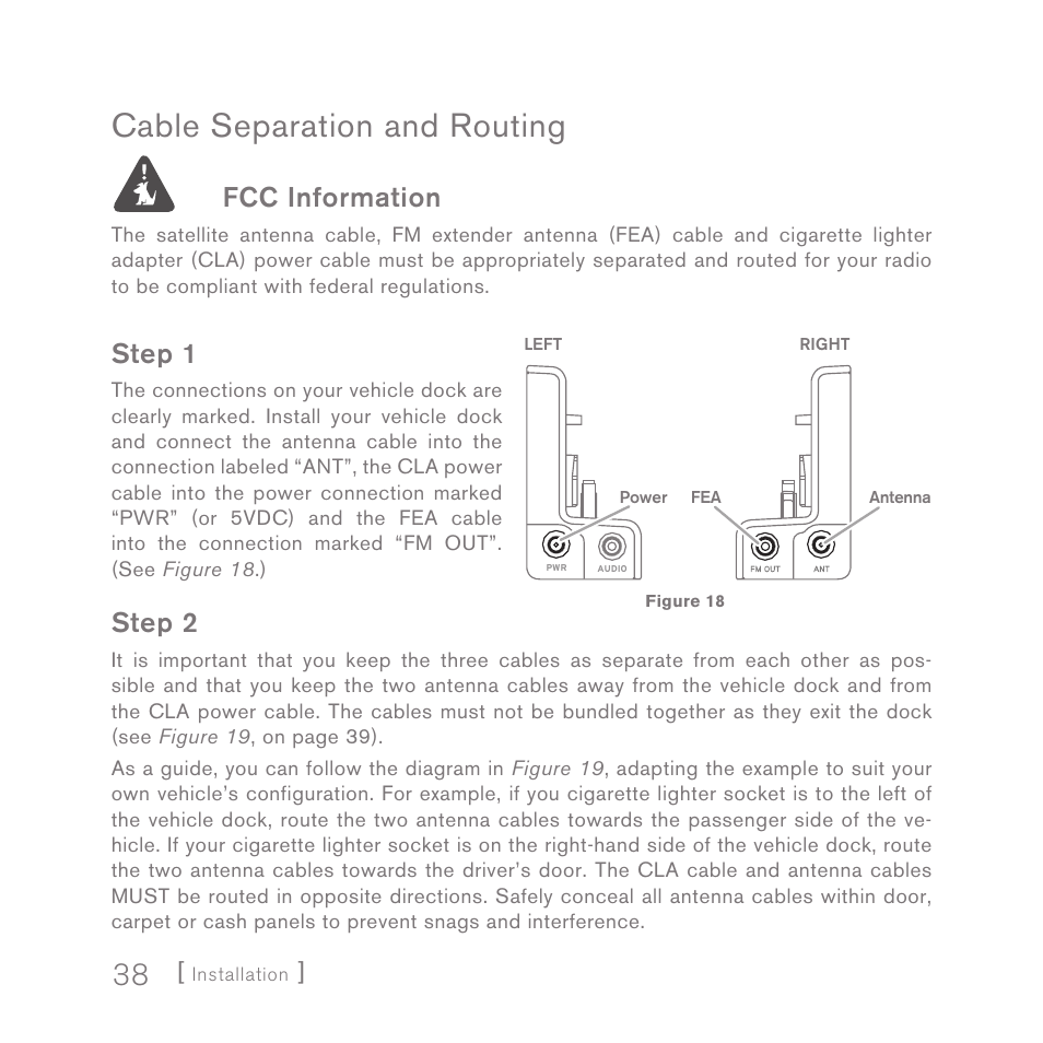 Cable separation and routing, Fcc information, Step 1 | Step 2 | Sirius Satellite Radio SPORTSTER 5 User Manual | Page 38 / 124