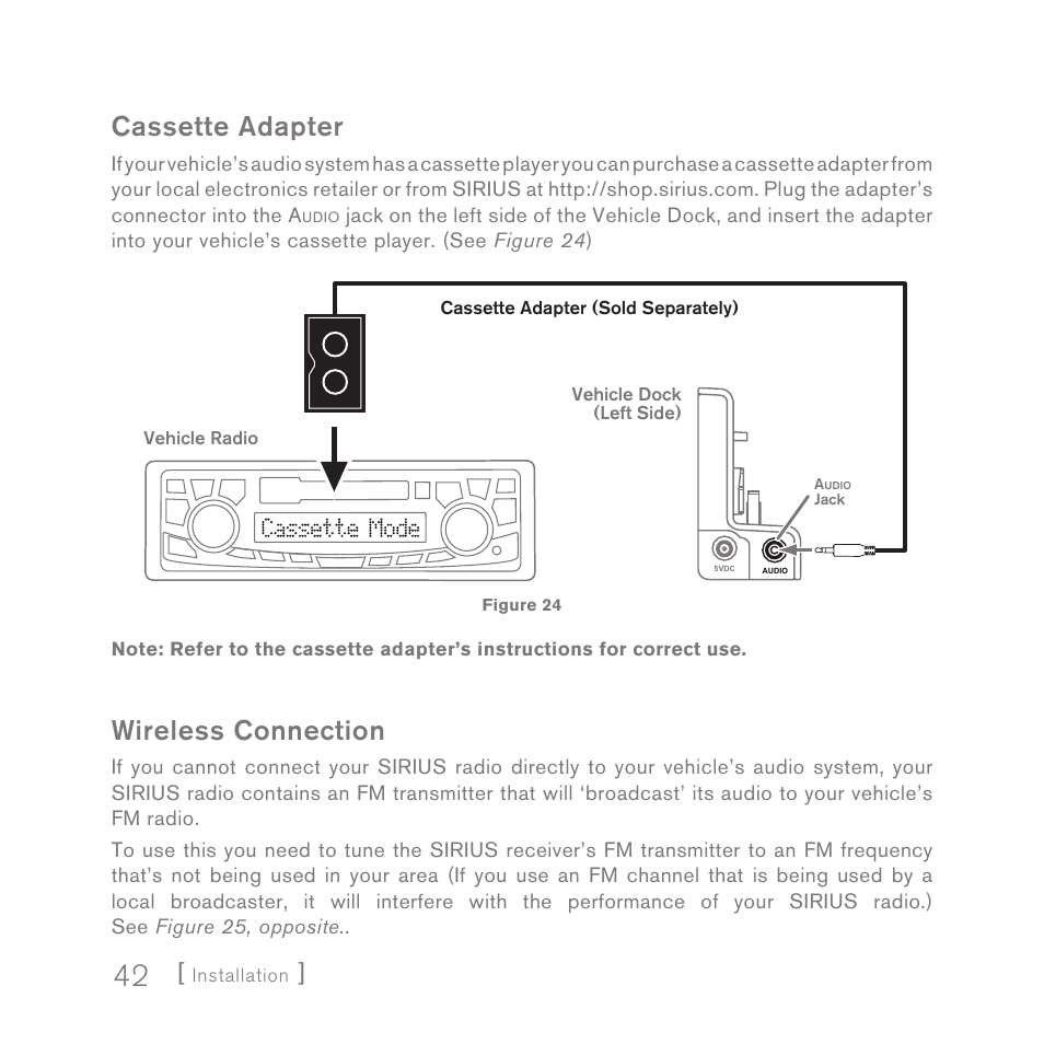 Cassette adapter, Wireless connection | Sirius Satellite Radio SPORTSTER 5 User Manual | Page 42 / 124