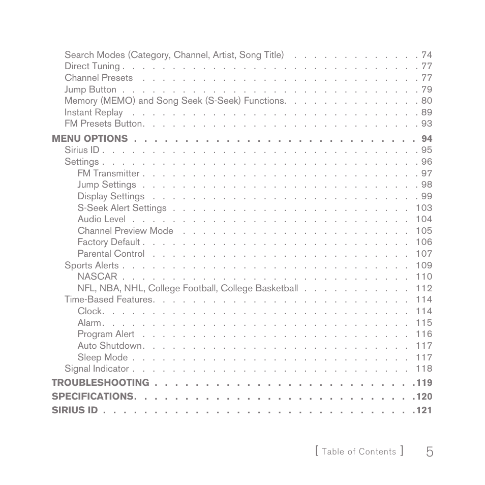Sirius Satellite Radio SPORTSTER 5 User Manual | Page 5 / 124