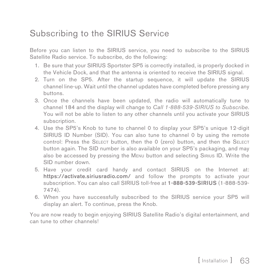 Subscribing to the sirius service | Sirius Satellite Radio SPORTSTER 5 User Manual | Page 63 / 124