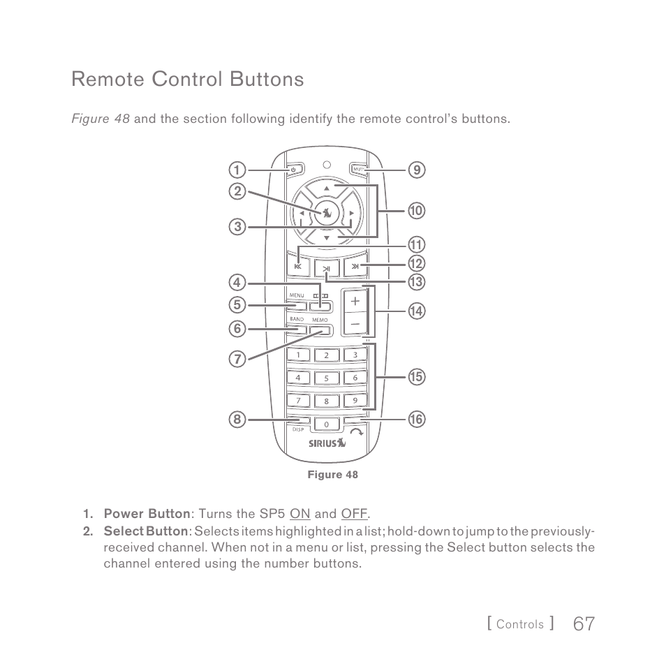 Remote control buttons | Sirius Satellite Radio SPORTSTER 5 User Manual | Page 67 / 124