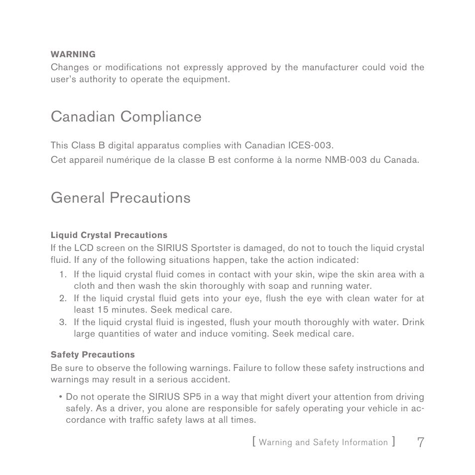Canadian compliance, General precautions | Sirius Satellite Radio SPORTSTER 5 User Manual | Page 7 / 124