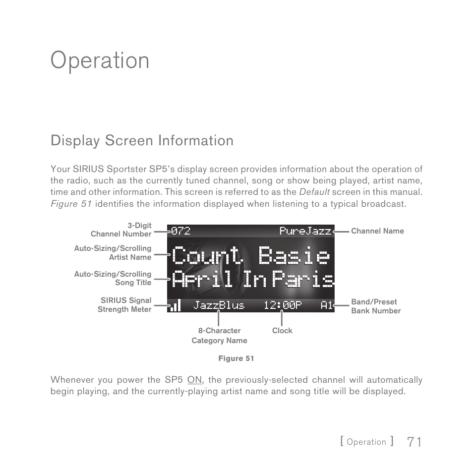 Operation, Display screen information | Sirius Satellite Radio SPORTSTER 5 User Manual | Page 71 / 124