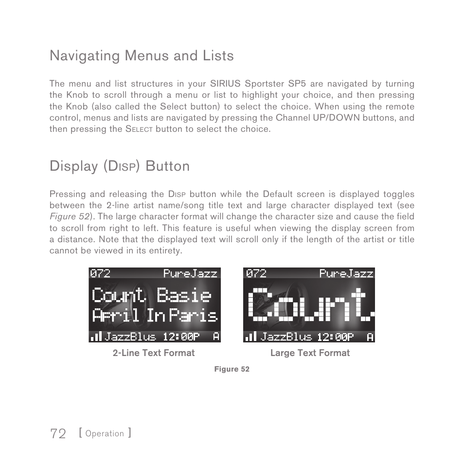 Navigating menus and lists, Display (d, Button | Sirius Satellite Radio SPORTSTER 5 User Manual | Page 72 / 124