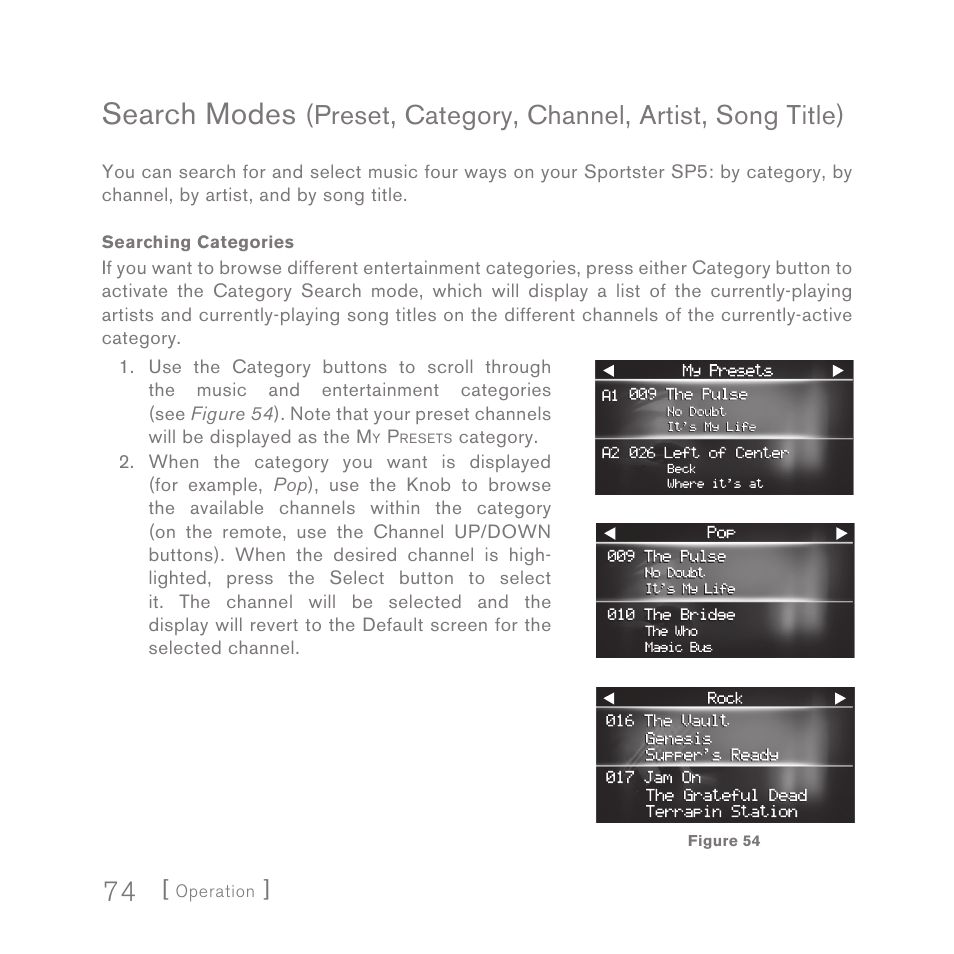 Search modes, Preset, category, channel, artist, song title) | Sirius Satellite Radio SPORTSTER 5 User Manual | Page 74 / 124