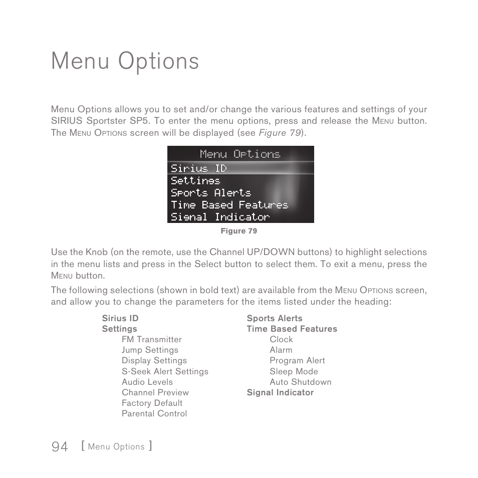 Menu options | Sirius Satellite Radio SPORTSTER 5 User Manual | Page 94 / 124
