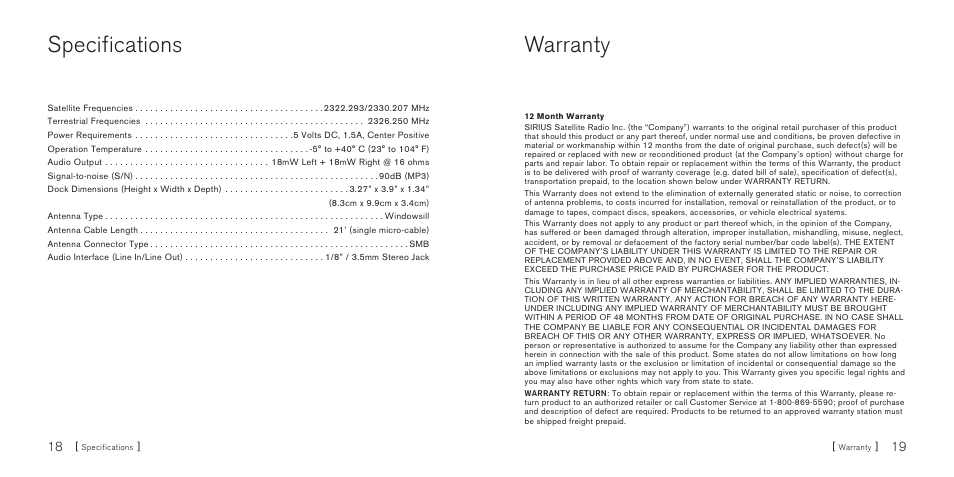 Specifications, Warranty | Sirius Satellite Radio SIRIUS S50 User Manual | Page 11 / 13