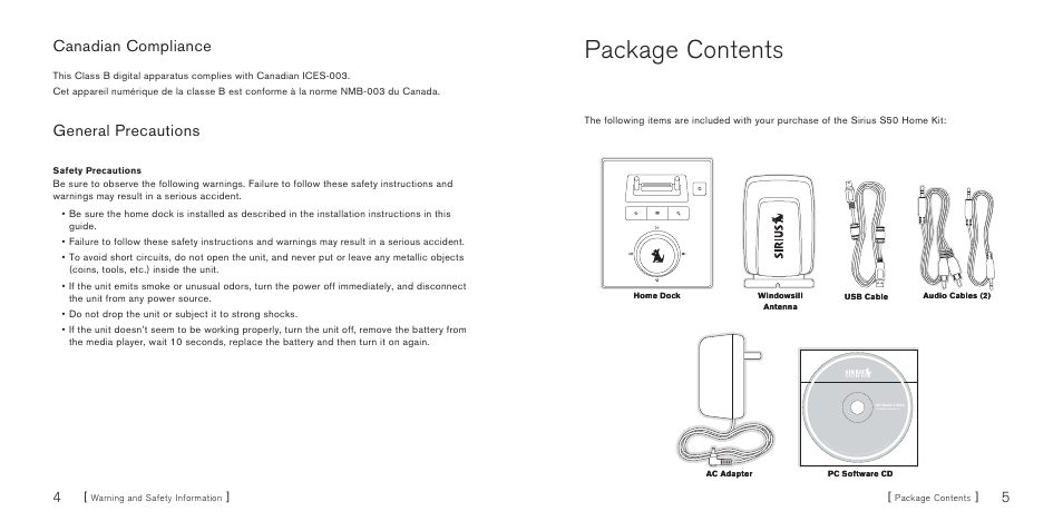 Package contents, Canadian compliance, General precautions | Sirius Satellite Radio SIRIUS S50 User Manual | Page 4 / 13