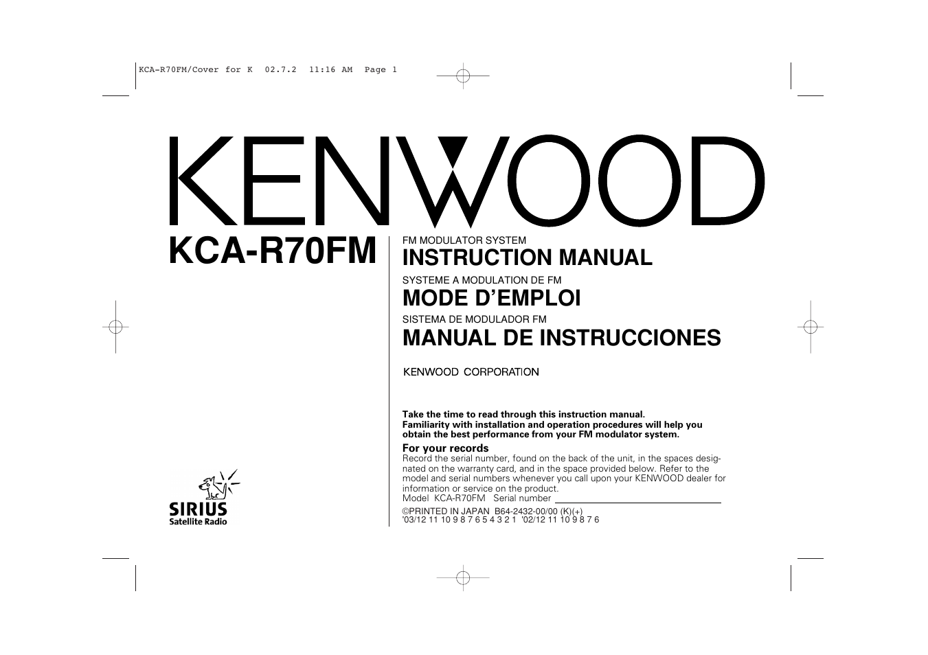 Sirius Satellite Radio KCA-R70FM User Manual | 25 pages