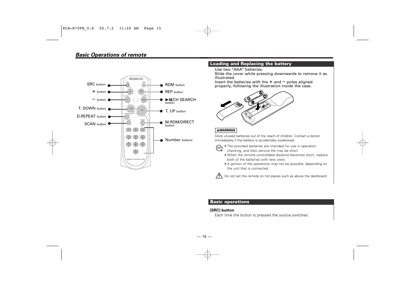 Basic operations of remote, Basic operations, Loading and replacing the battery | Sirius Satellite Radio KCA-R70FM User Manual | Page 15 / 25