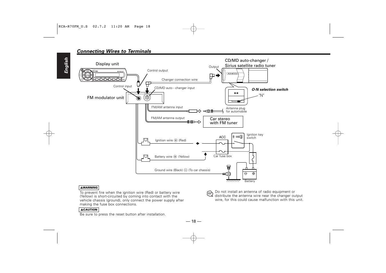 Connecting wires to terminals | Sirius Satellite Radio KCA-R70FM User Manual | Page 18 / 25