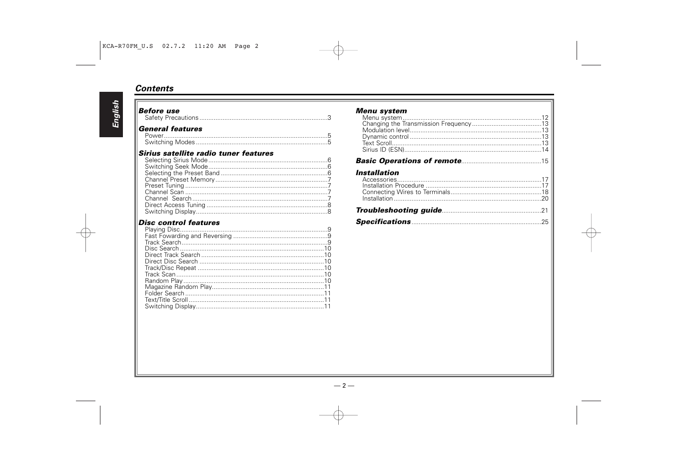Sirius Satellite Radio KCA-R70FM User Manual | Page 2 / 25